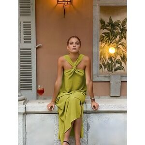 Commense Olive Green Twist-Neck Maxi Dress